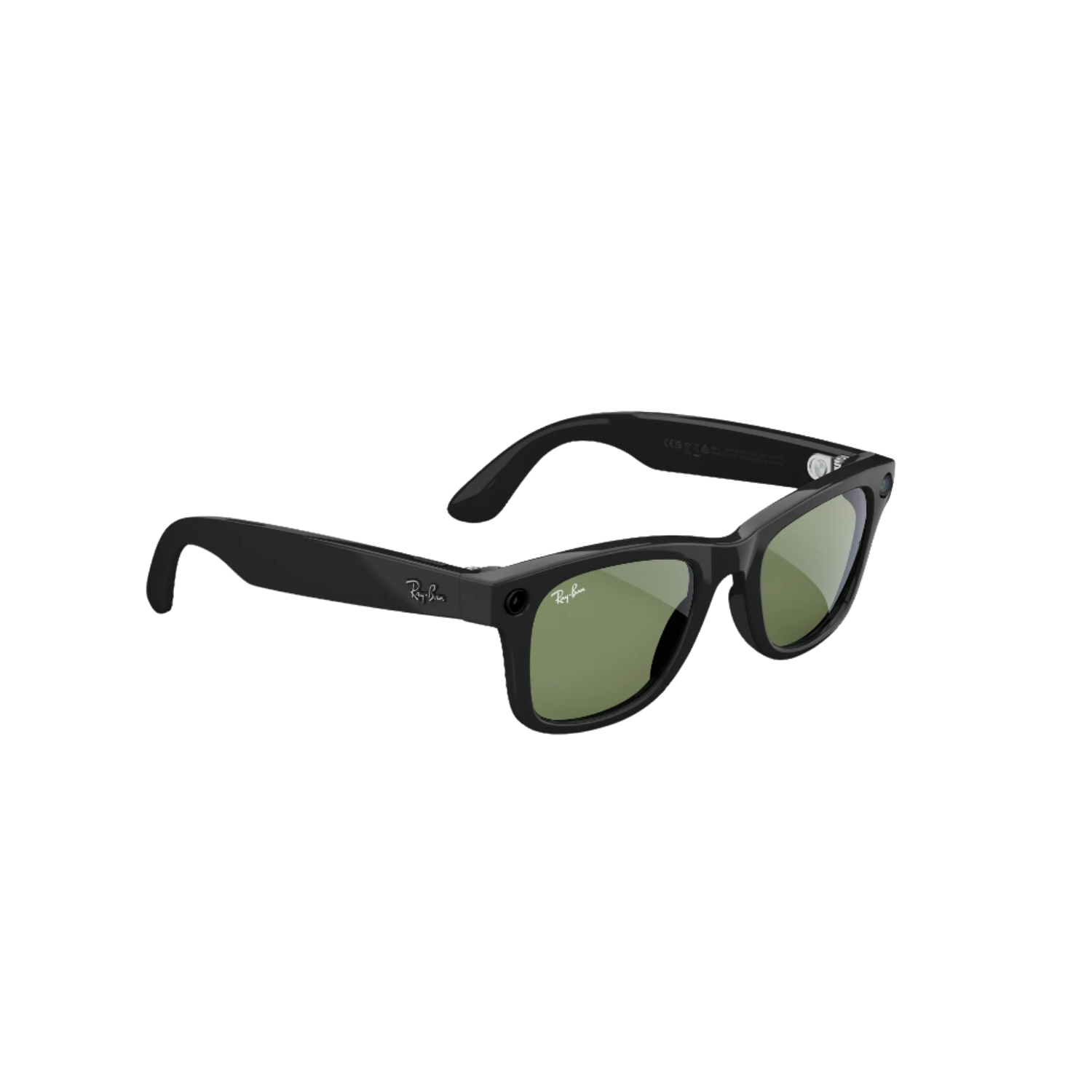 Ray-Ban Meta Wayfarer glasses with black frames and green lenses.
