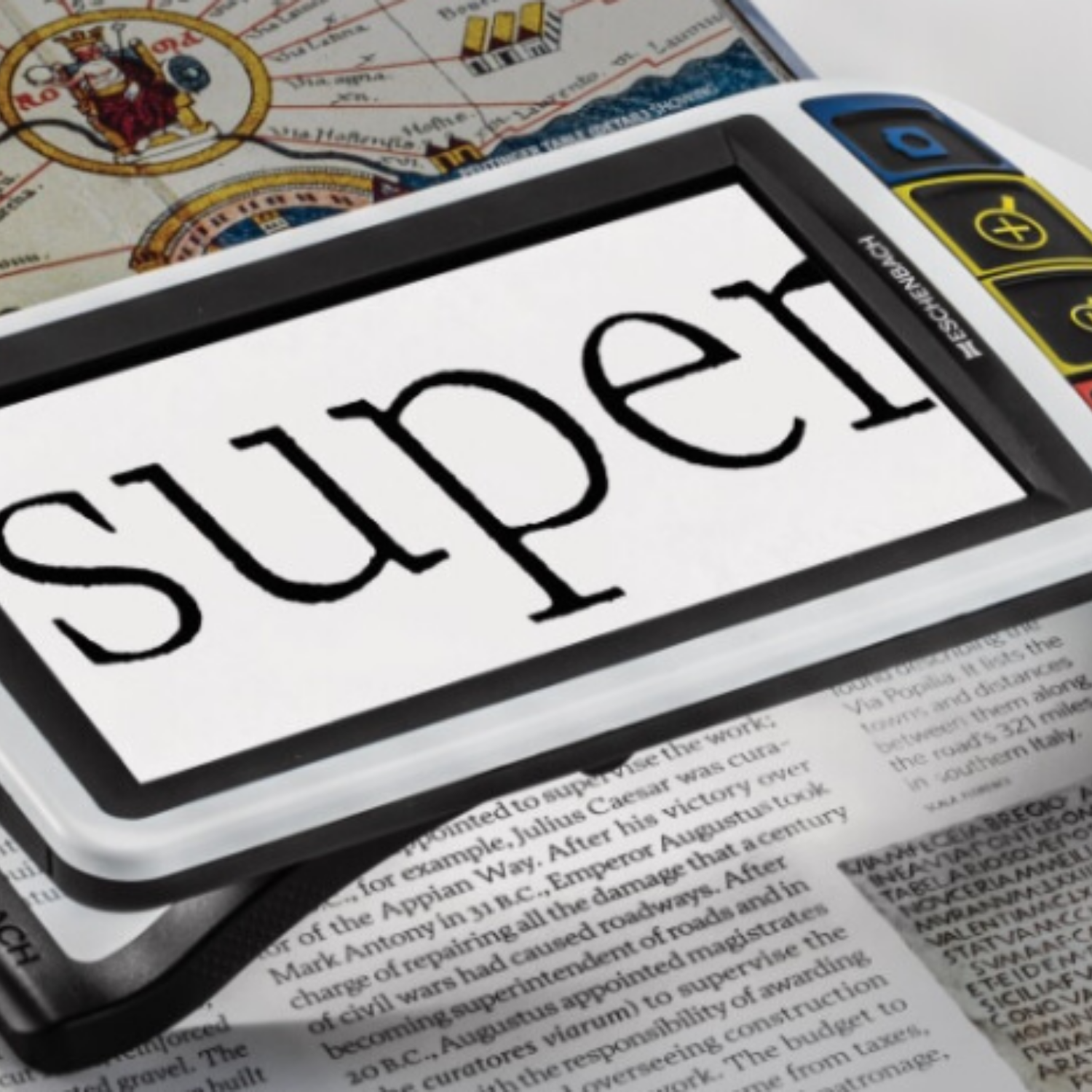 5" video magnifier showing very large magnified text on digital screen.