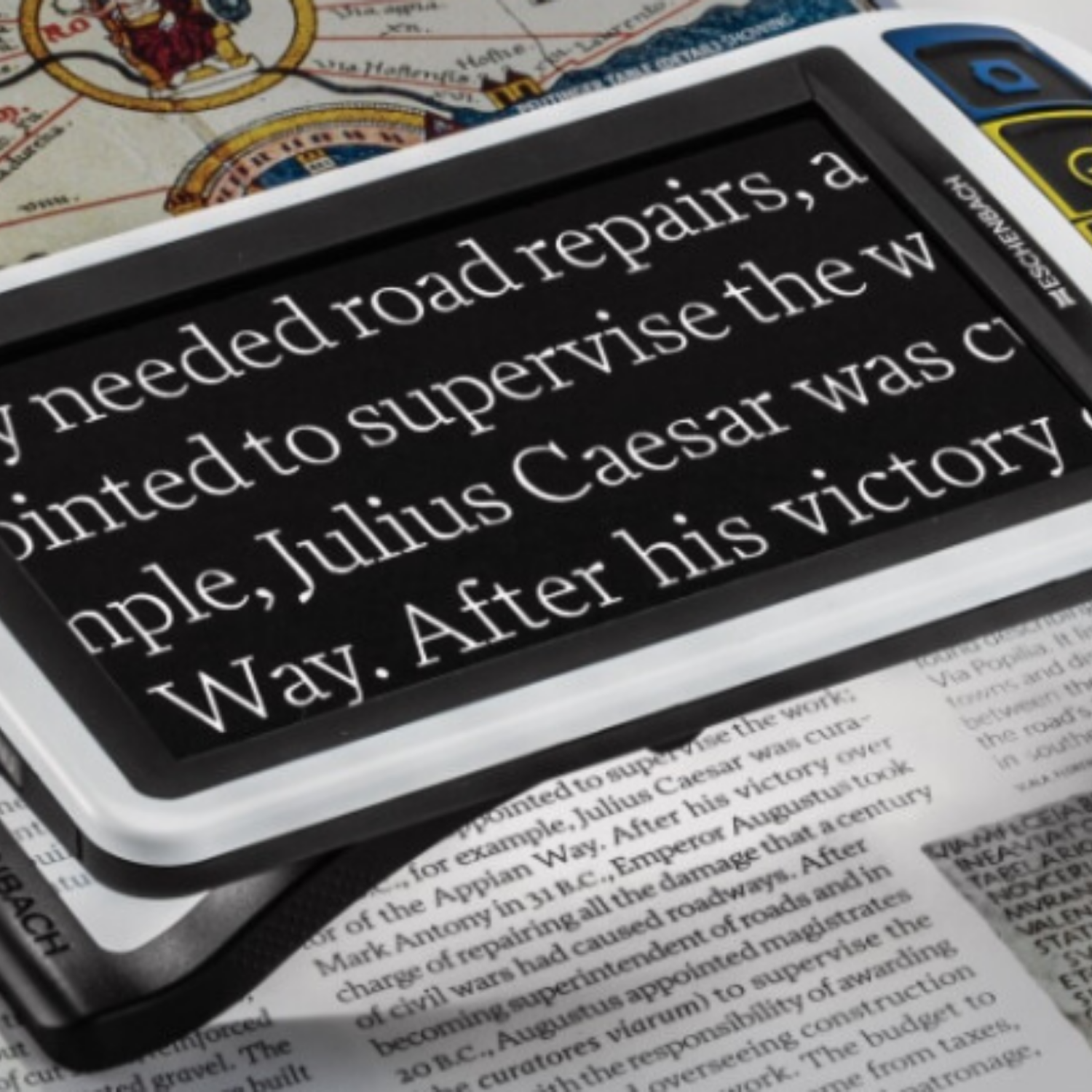 Smartlux digital magnifier enlarging text from a document and showing color inversion option.