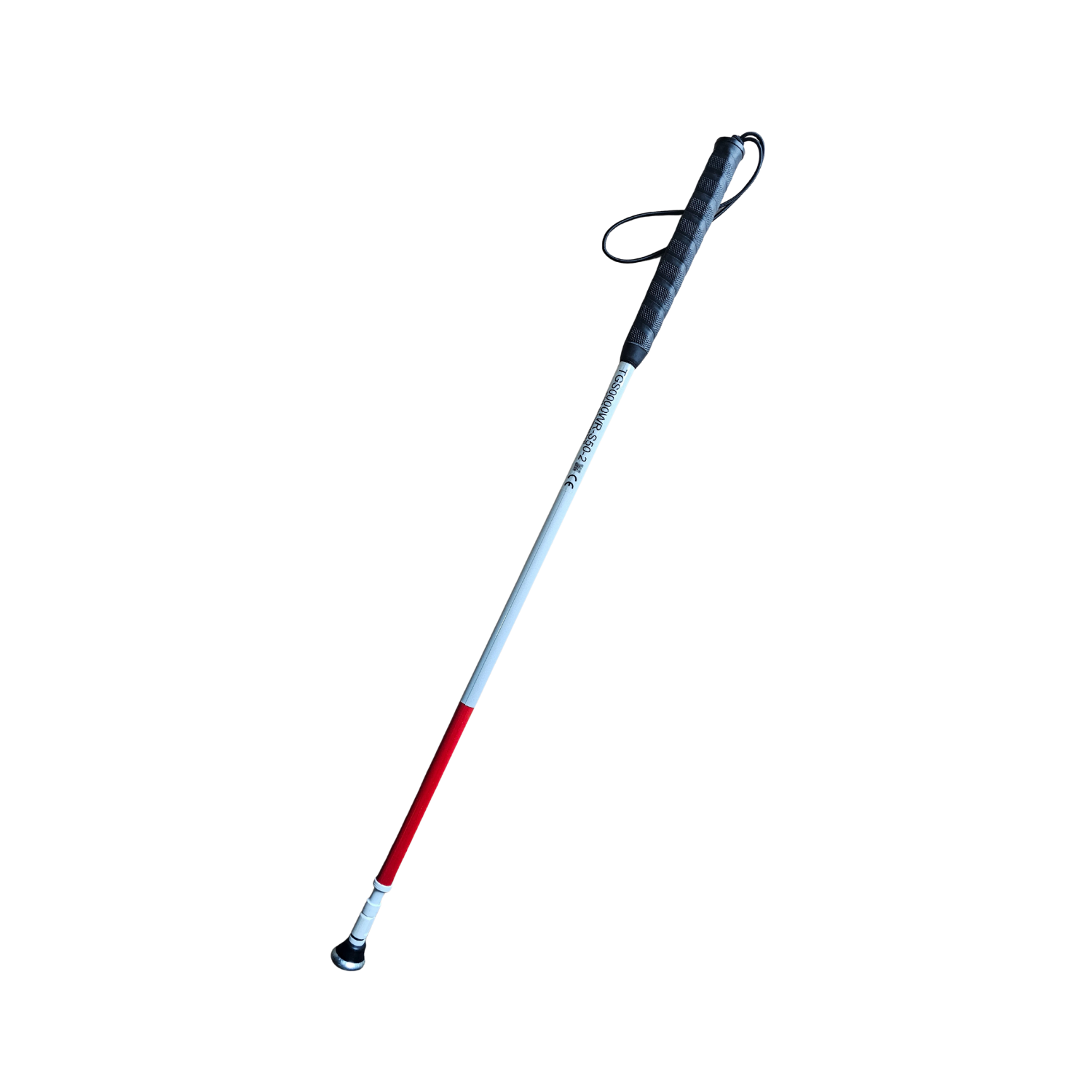 Telescoping white cane with metal glide tip.