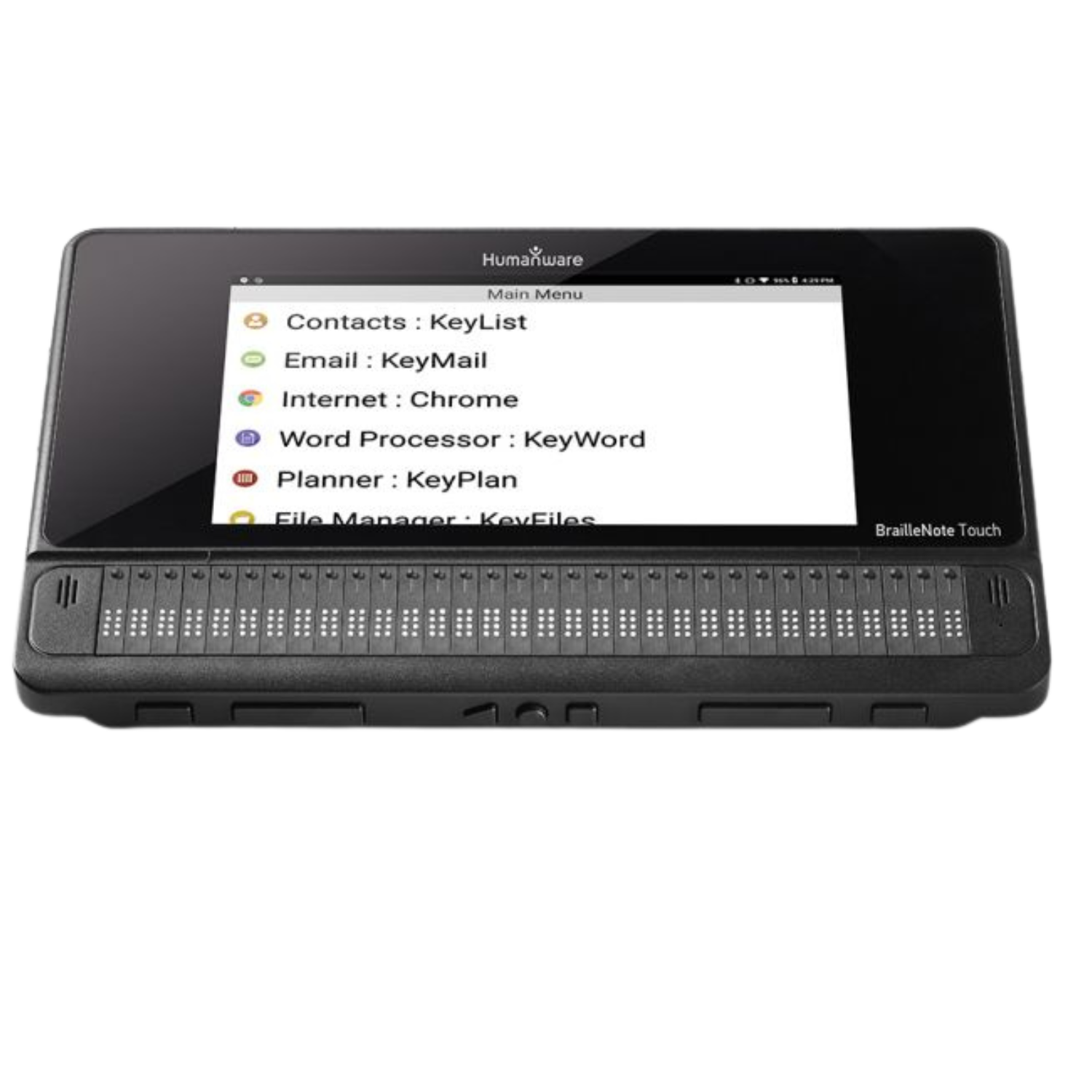 Top of Humanware BrailleNote Touch Plus 32 cell display.