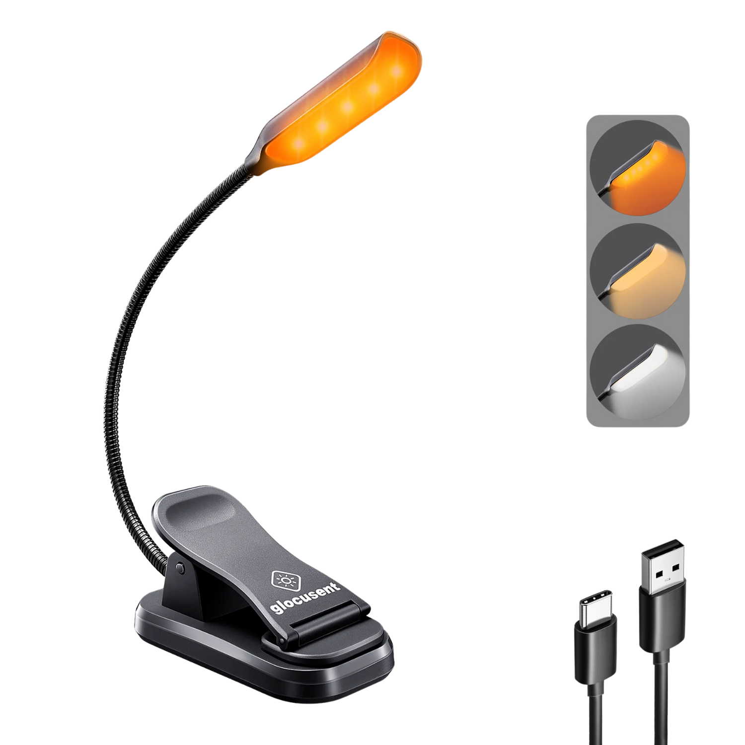Glocusent Clip-on Reading Light with color options and charger.