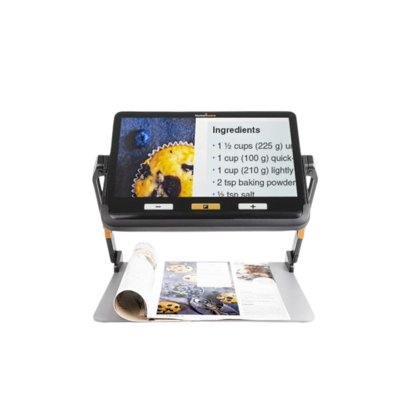 Explorē 12 portable video magnifier on stand.