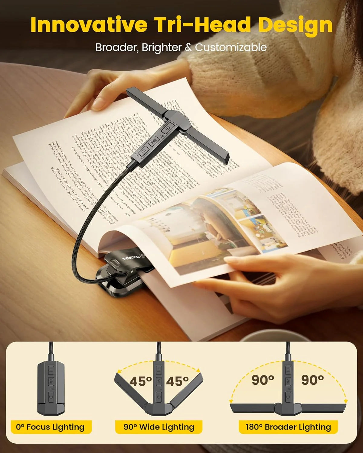 Person reading a book using the Tri-Head reading lightt.