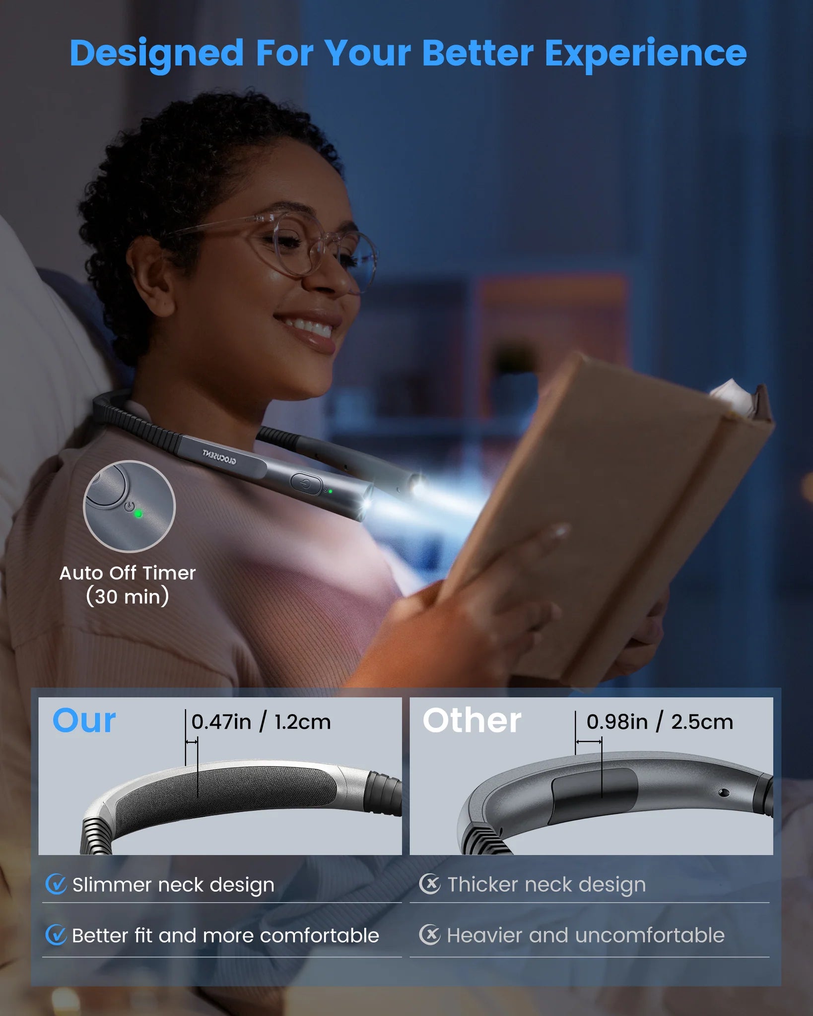 Woman using the Glocusent Upgraded Neck Reading Light.