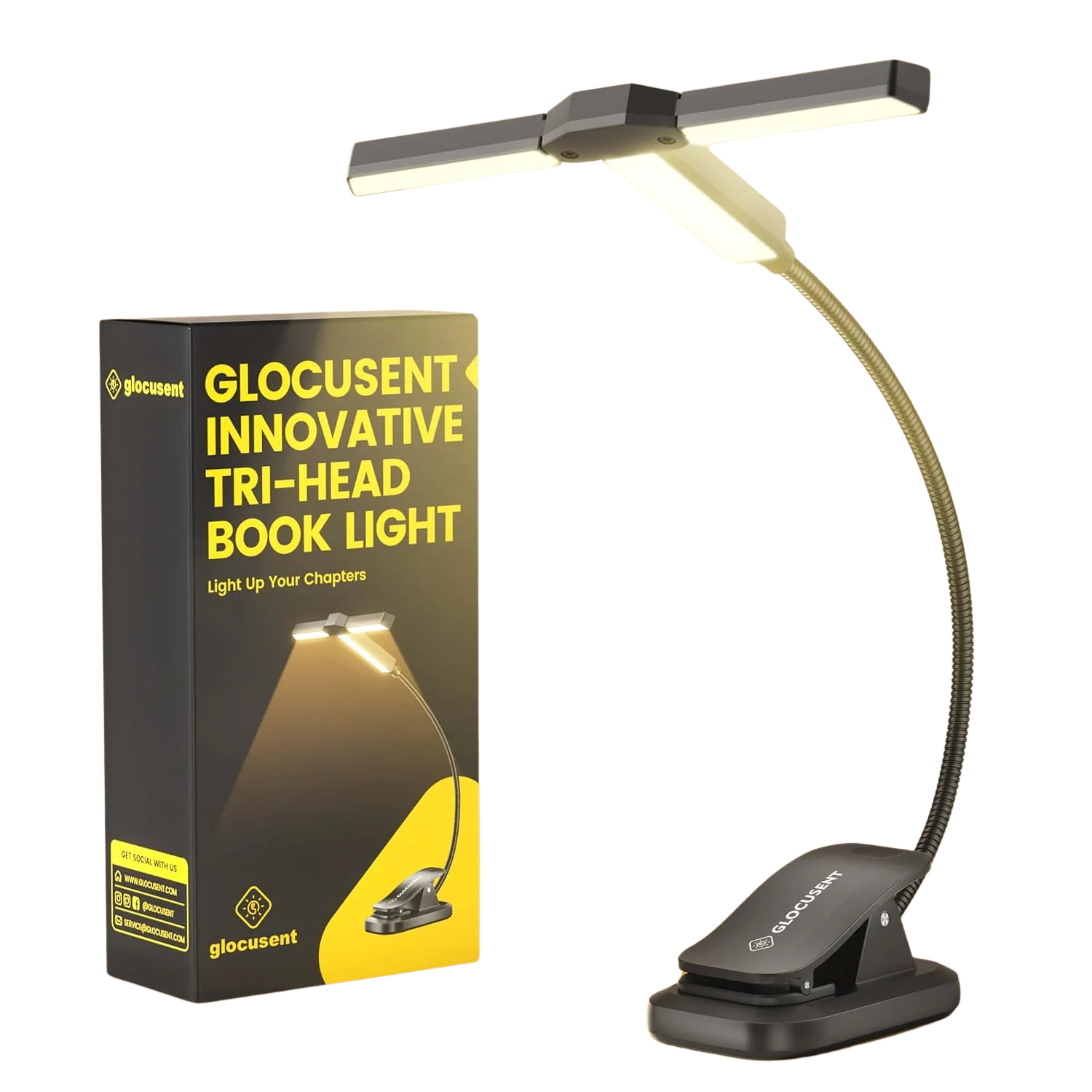 Glocusent Tri-Head Book Light and packaging.