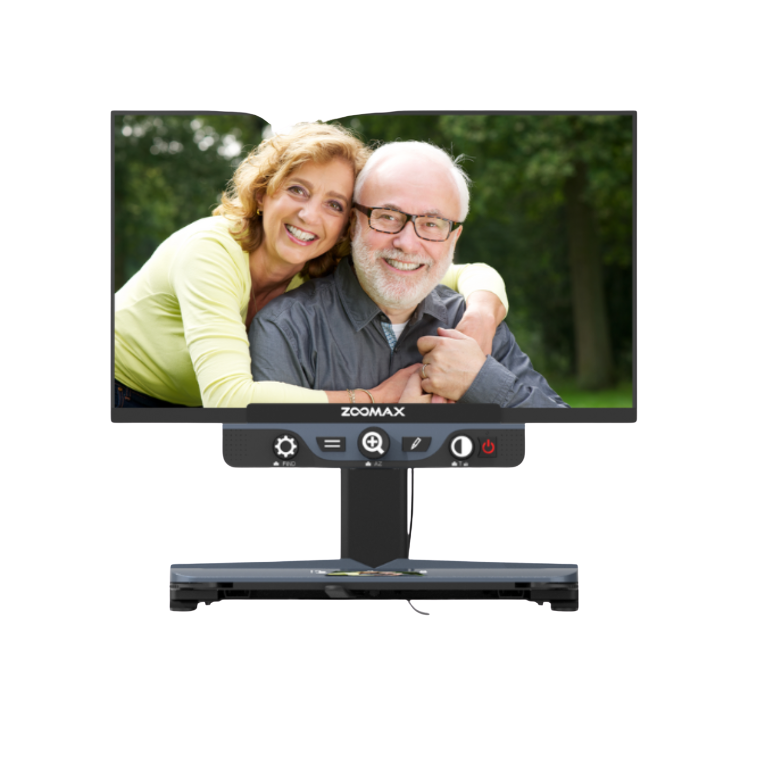 Luna HD 24 Pro video magnifier enlarging photo of a man and woman.