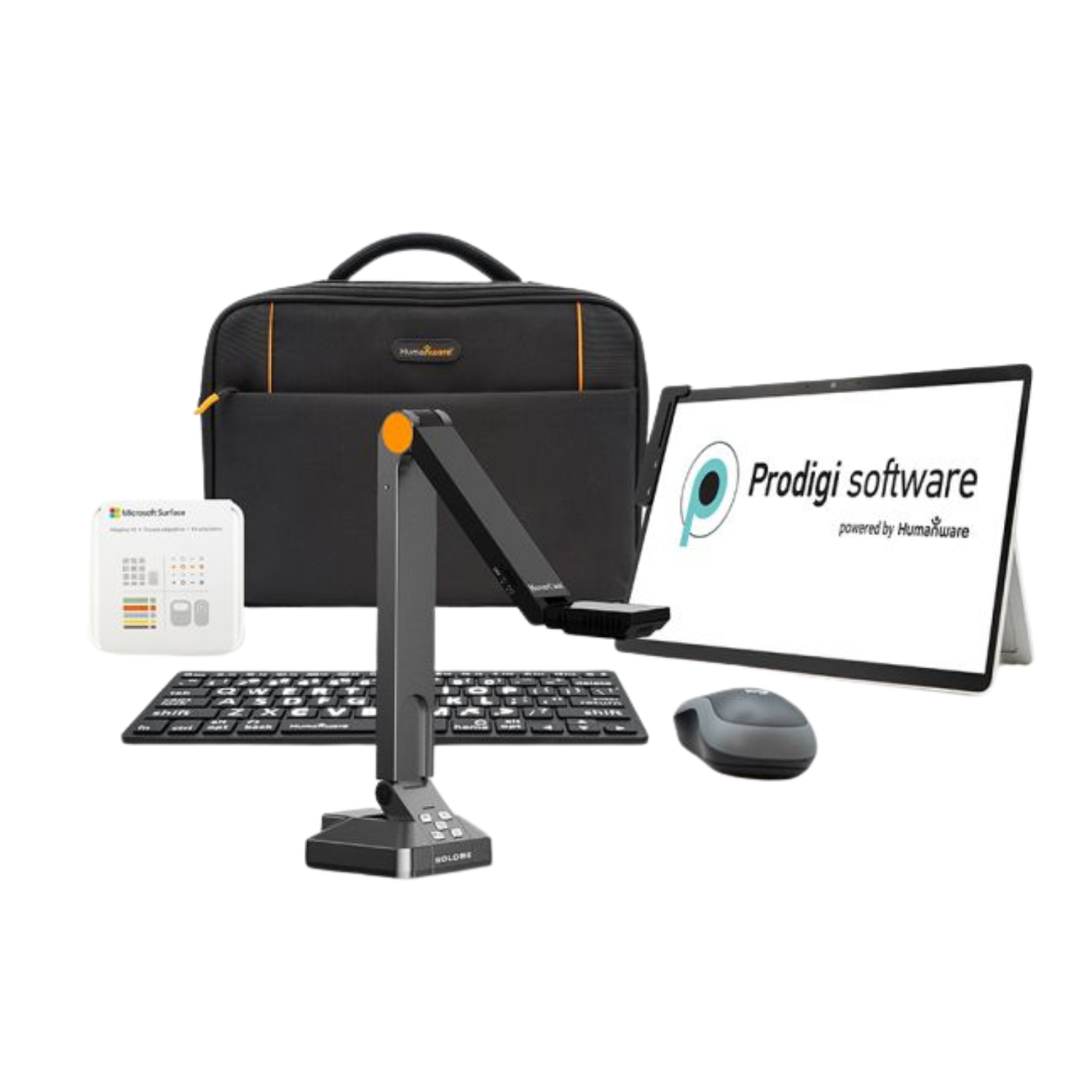 Complete kit for Prodigi for Windows which includes a Surface Pro 9 tablet, Prodigi software, camera, keyboard and mouse, and a carry bag.