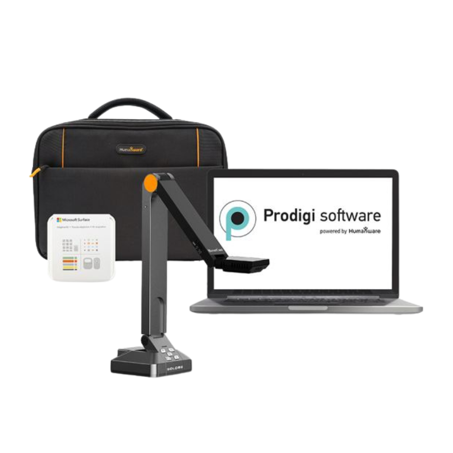 Prodigi software logo, the solo 8+ camera, the Microsoft adaptive kit, and carrying bag.