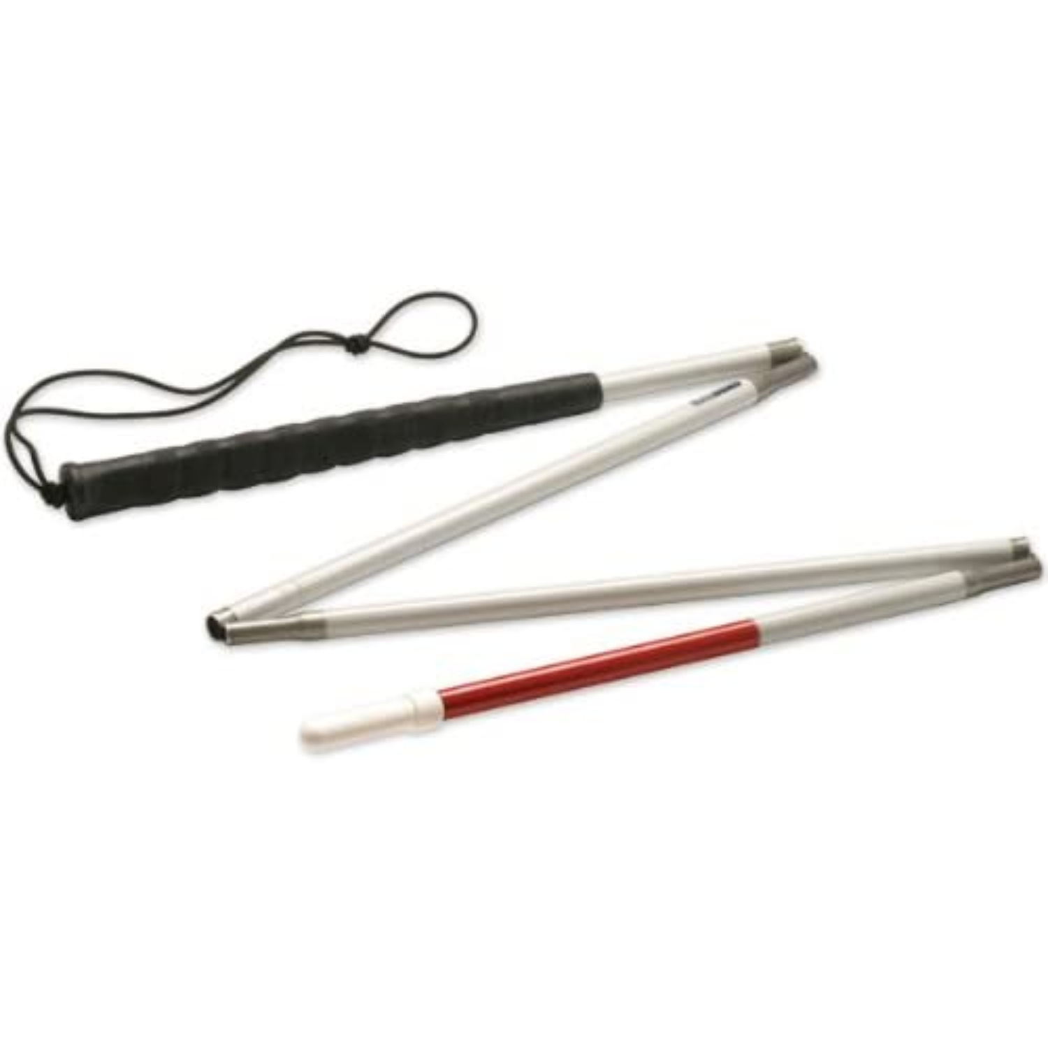 Aluminum folding cane with a pencil tip.