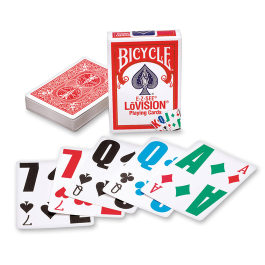 Pack of Bicycle e-z-see lo-vision playing cards with several cards displayed.