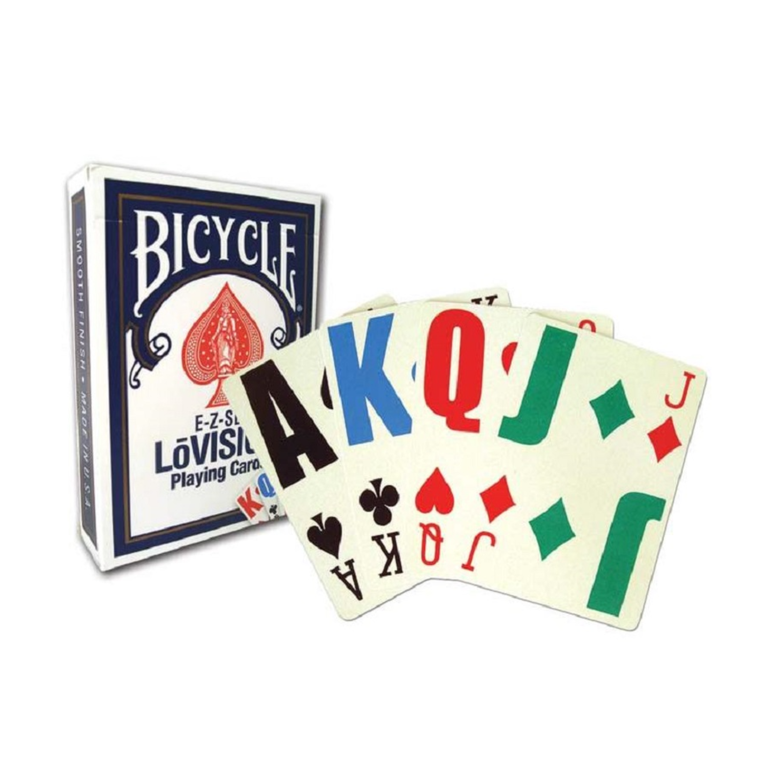 Pack of Bicycle e-z-see lo-vision playing cards, pack with card close-ups