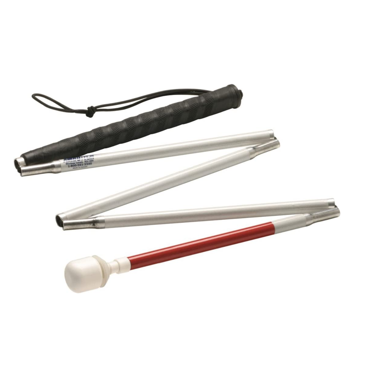 White aluminum folding mobility cane with a non-roller marshmallow tip.