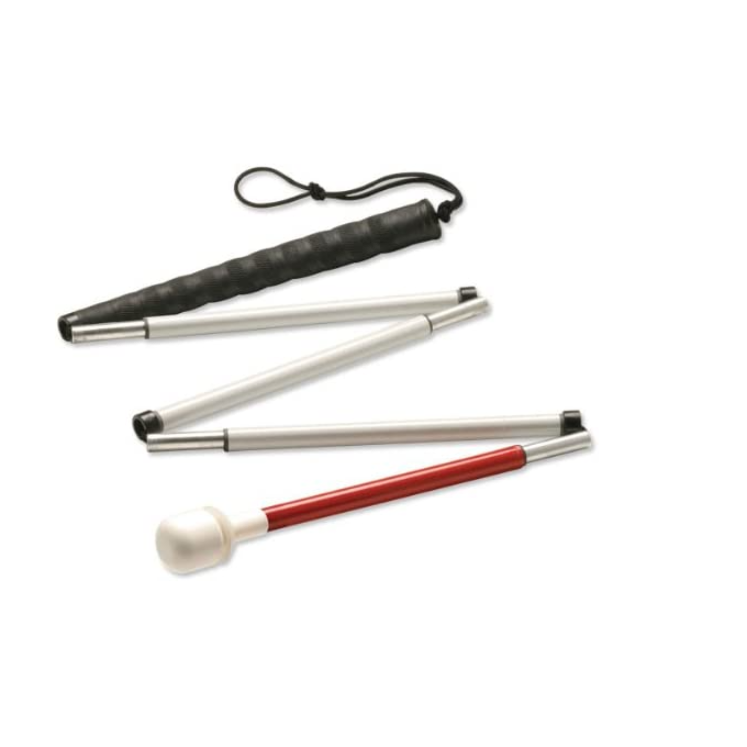 Graphite folding mobility cane with a roller marshmallow tip.