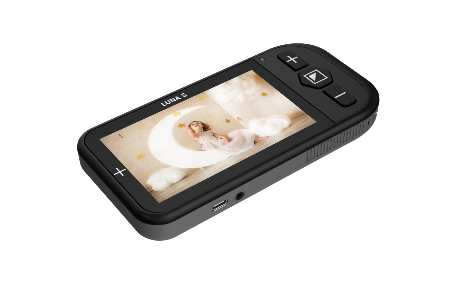 Front edge of  Luna S handheld video magnifier.