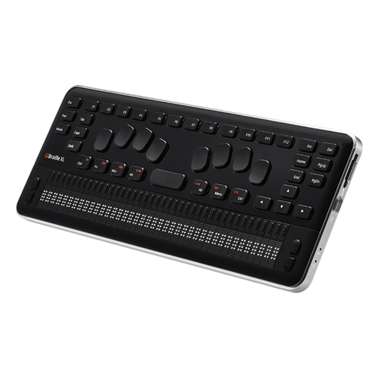Right side of QBraille XL refreshable braille display and keyboard