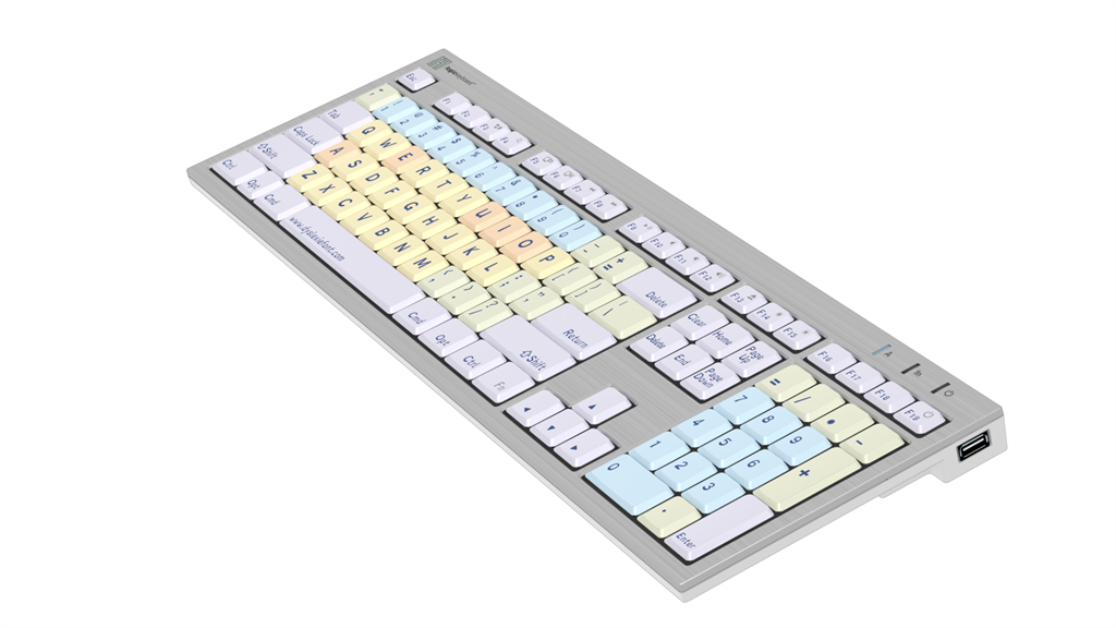 Image showing right angle of the LogicKeyboard ALBA Dyslexie font dyslexia keyboard for Mac.