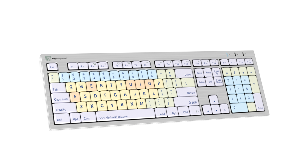 Image showing left side of the LogicKeyboard ALBA Dyslexie font dyslexia keyboard for Mac.