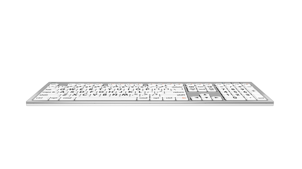 Image of the front edge of the ALBA LargePrint Black on White Keyboard for Mac from LogicKeyboard