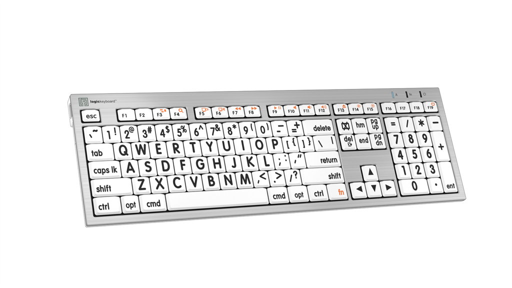 Angled image showing left side of the ALBA LargePrint Black on White Keyboard for Mac from LogicKeyboard