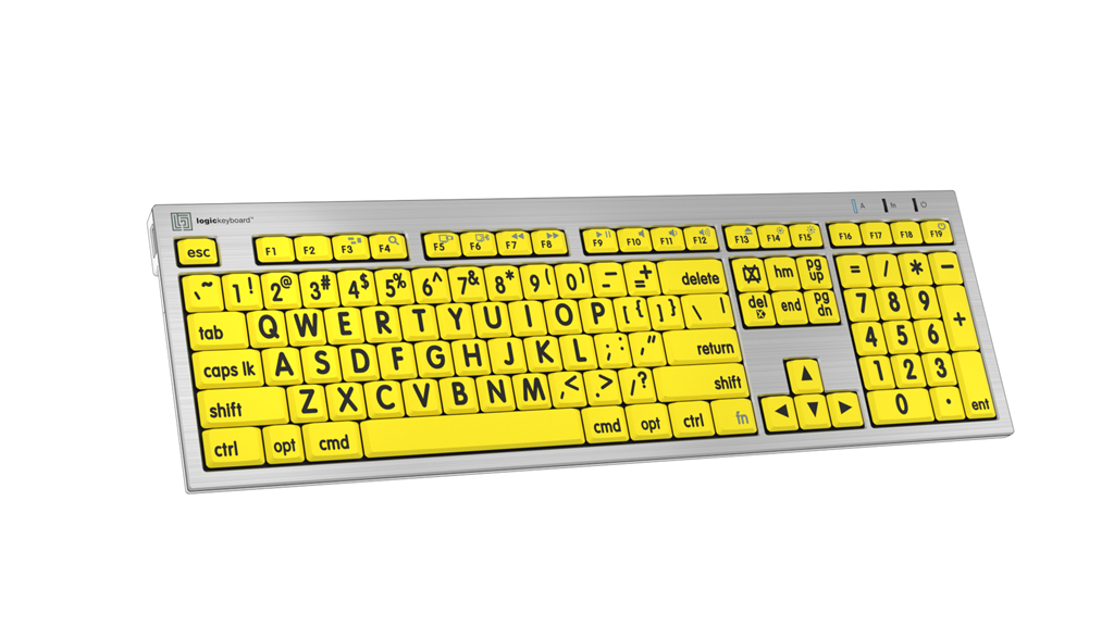 Image from left angle of the ALBA LargePrint Black on Yellow Keyboard for Mac from LogicKeyboard.