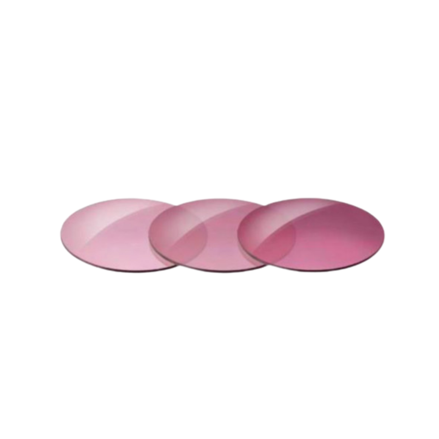Three rose colored filter lenses side by side showing 25, 50, and 75% tint.
