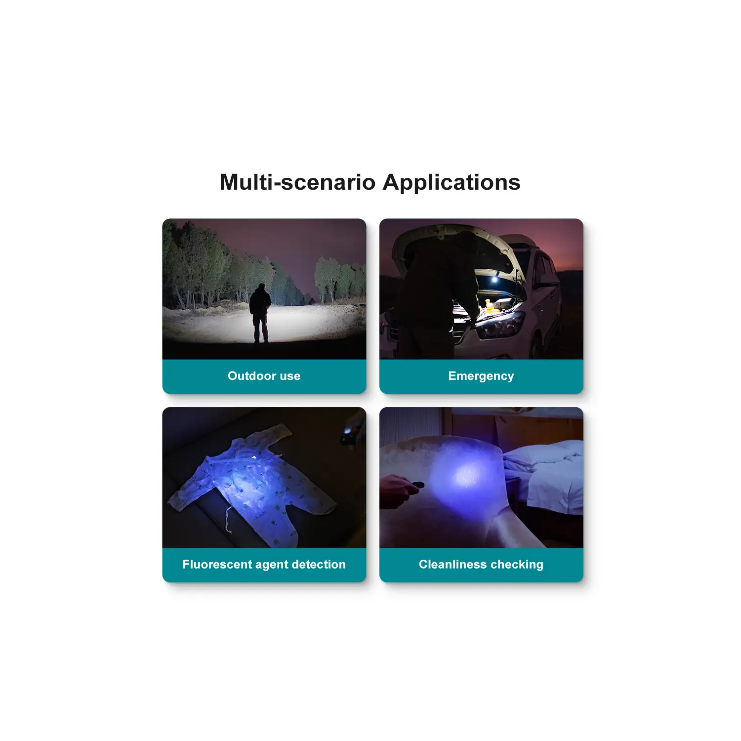 Image of the multi-scenario applications while using the Arkfeld UV - White Light and UV Dual Light Sources Flashlight.