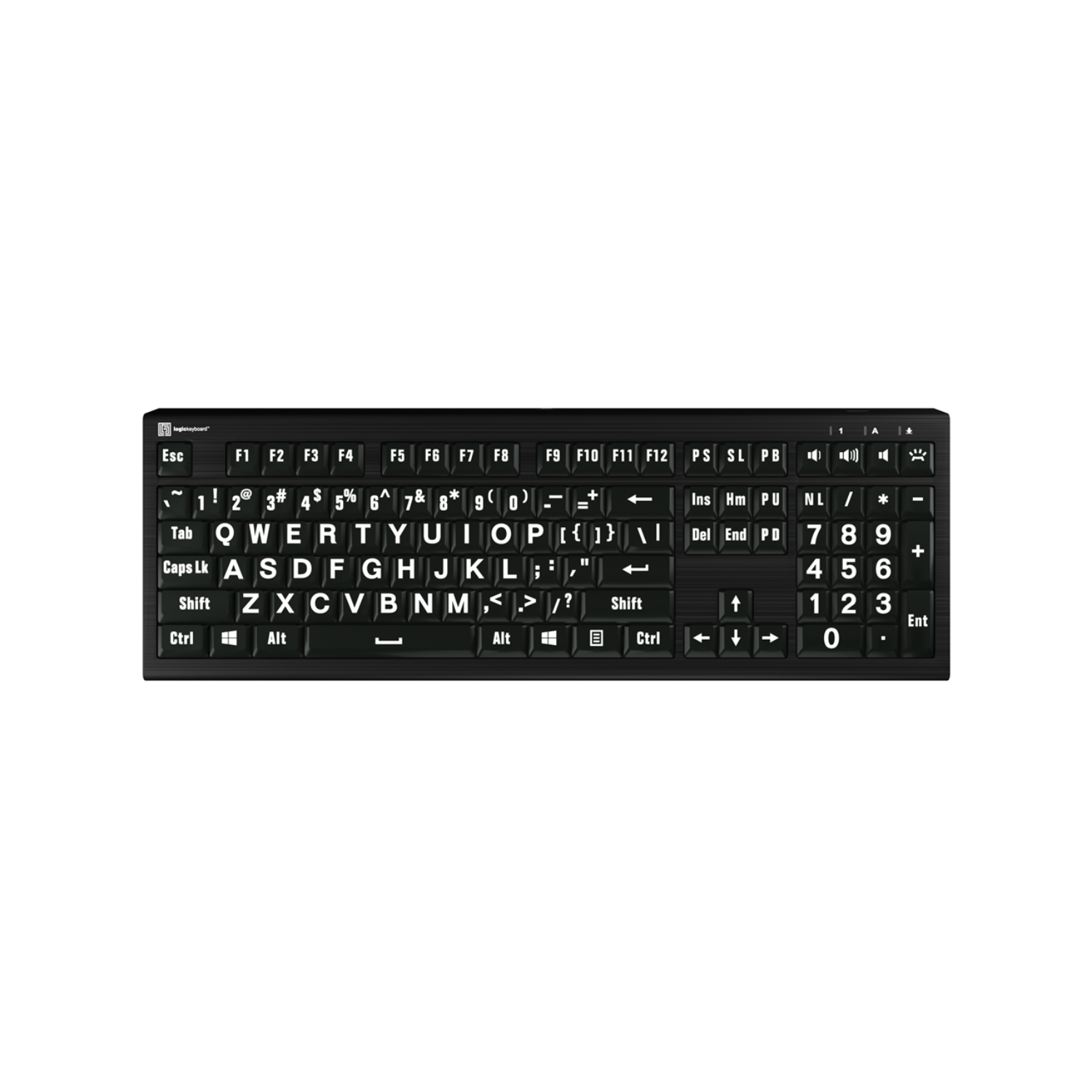 Image of the Astra 2 largeprint backlit white on black keyboard from LogicKeyboard.