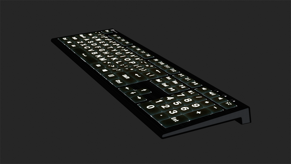 Image showing backlit keys of the Astra 2 largeprint backlit white on black keyboard from LogicKeyboard.
