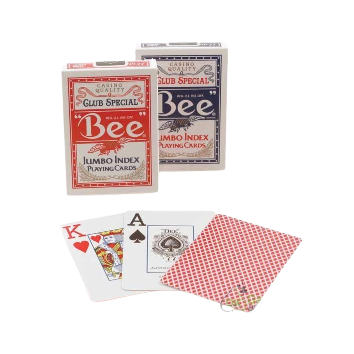 Front of red and blue Bee Jumbo playing cards with king and ace cards sowing.