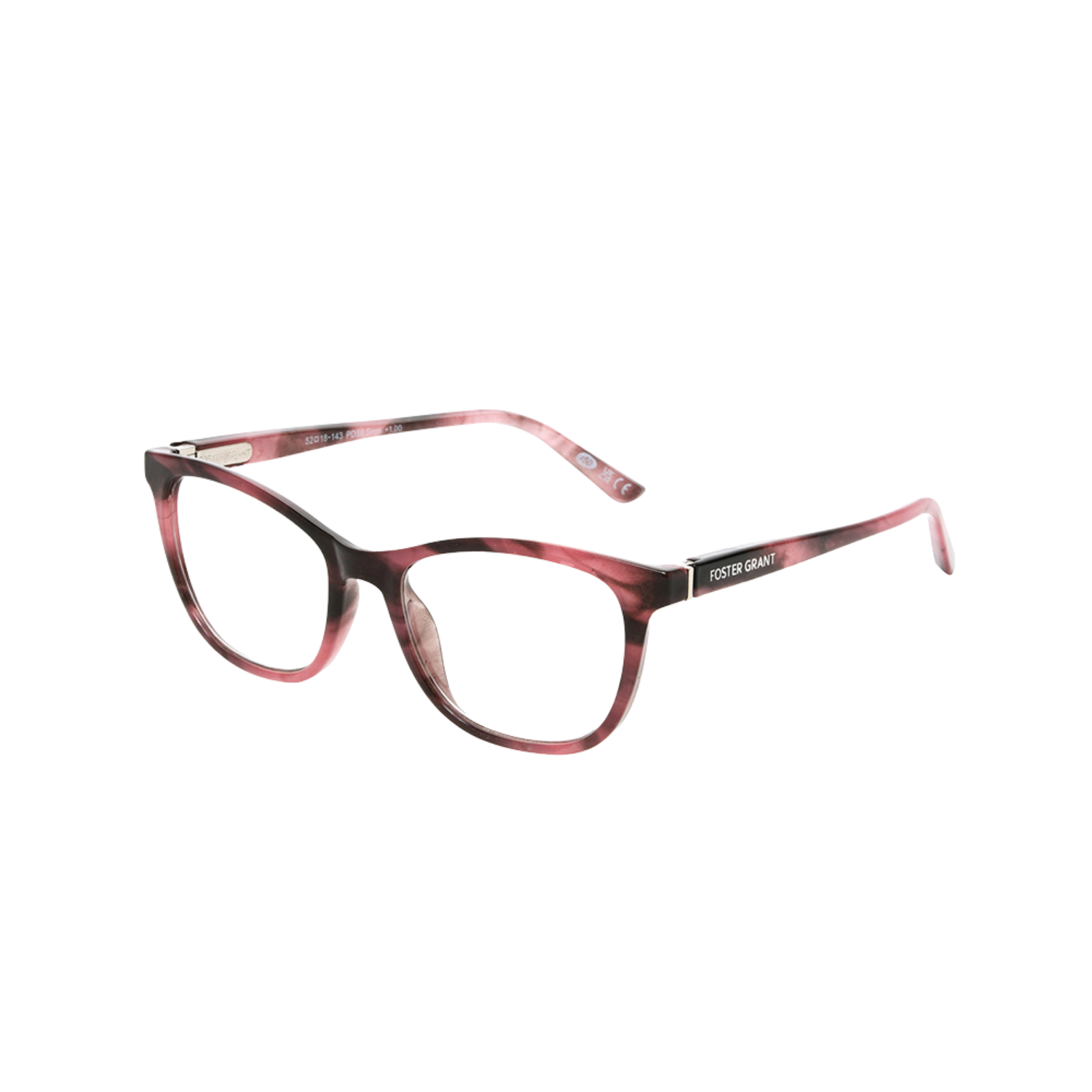 Left angle view of marbled pink framed reading glasses on a white background.