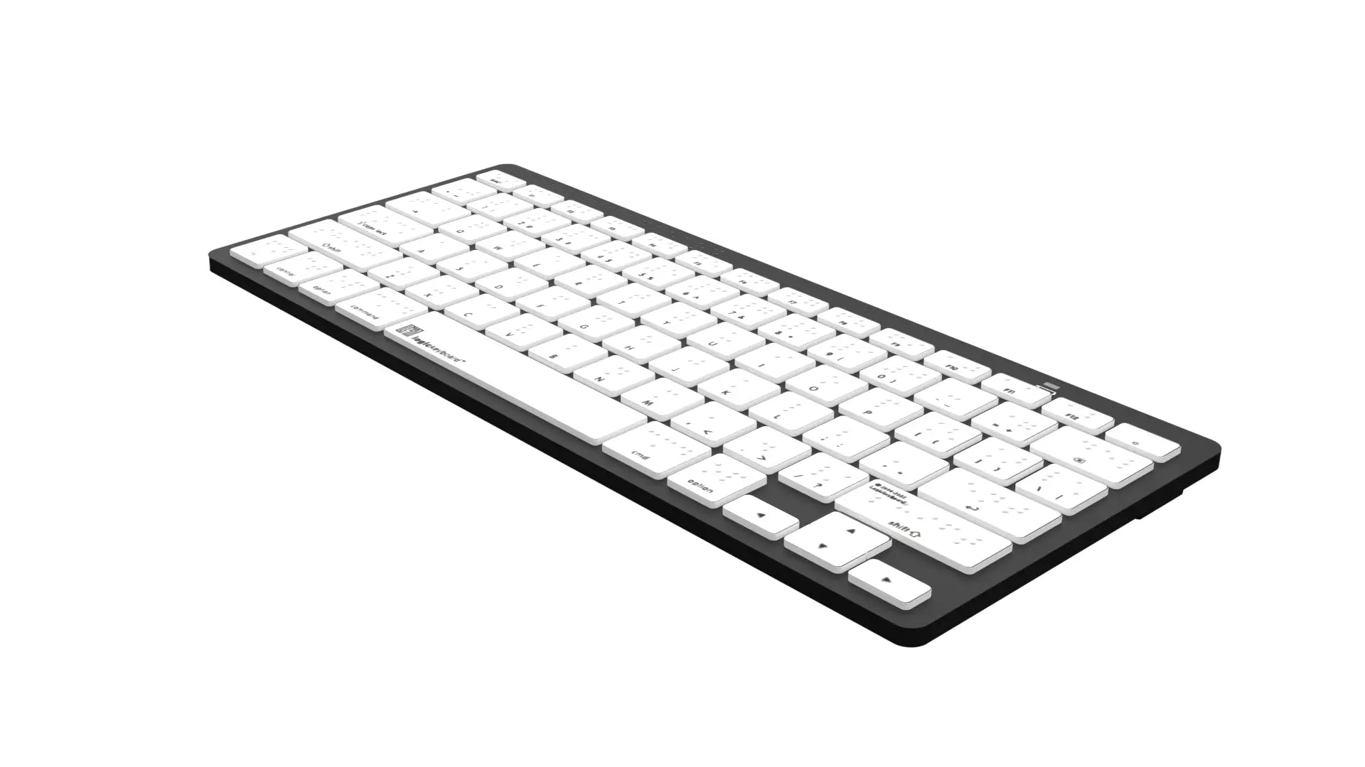 View of the right side of the LogicKeyboard Braille Bluetooth mini keyboard for mac