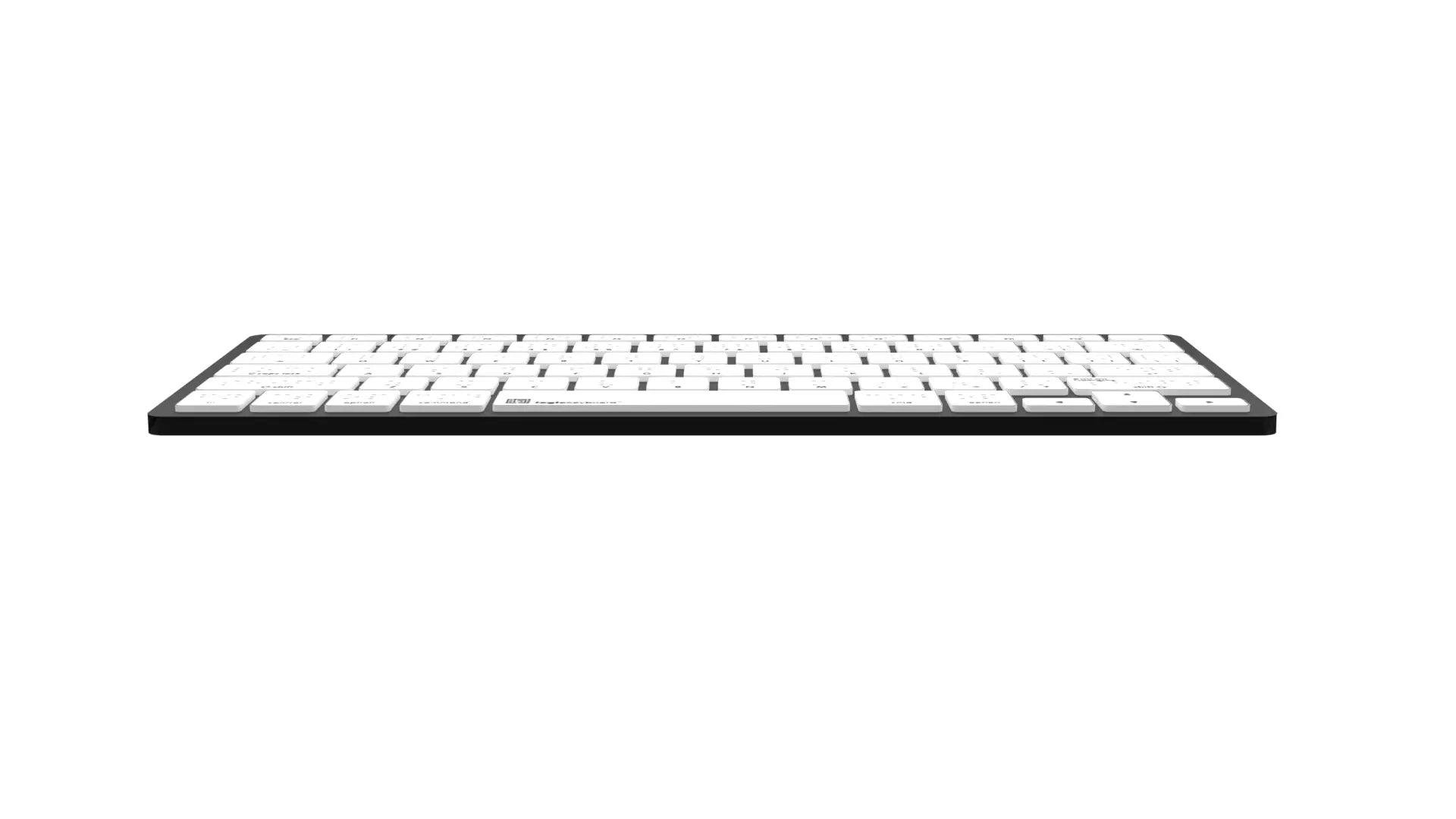 Imagae of the front edge of the LogicKeyboard Braille Bluetooth mini keyboard for mac