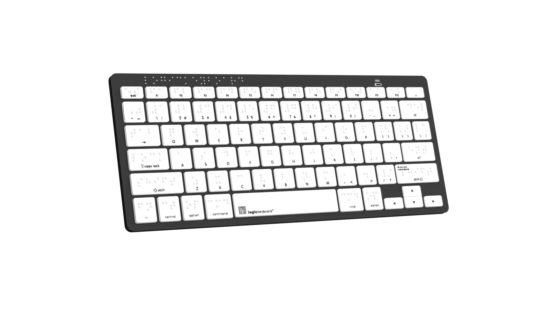 Angle image of the LogicKeyboard Braille Bluetooth mini keyboard for mac
