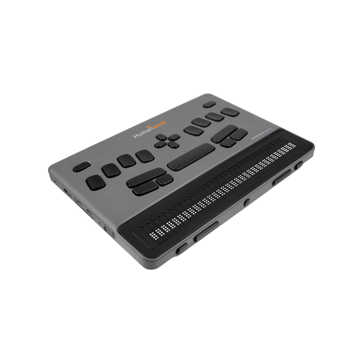 Left side angle of Evolve braille computer on white background.