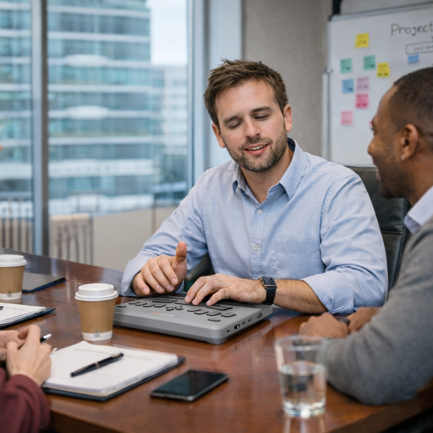 Man using BrailleNote Evolve while sitting at computer.