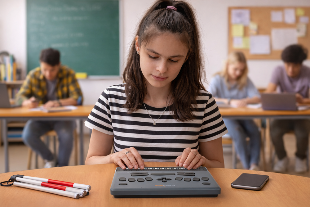 Girl using BrialleNote Evolve 20 at a desk in a classroom.