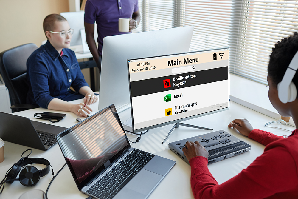 Person at desk using braille computer connected to display.