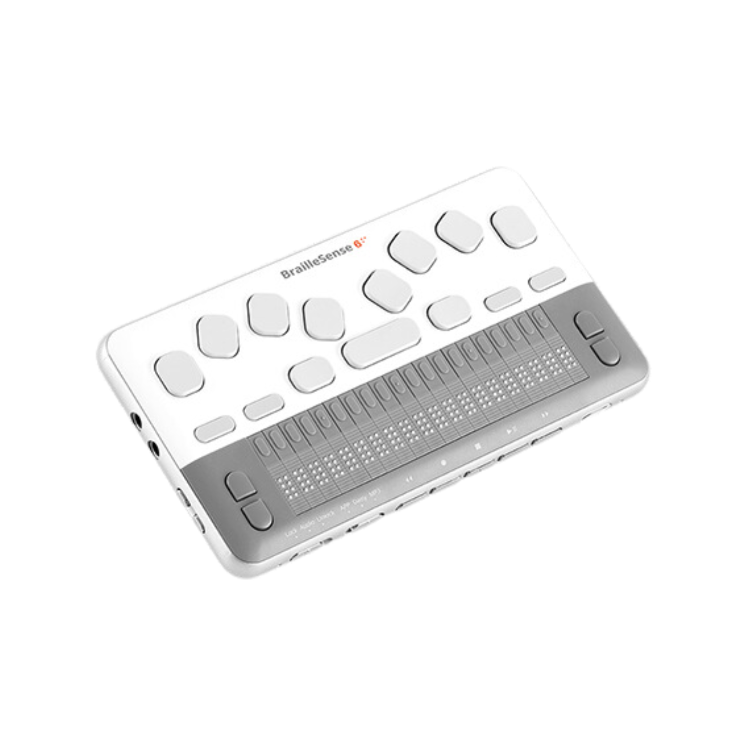 Image of the left side and front of the BrailleSense 6 Mini braille keyboard and refreshable display from HIMS Inc.