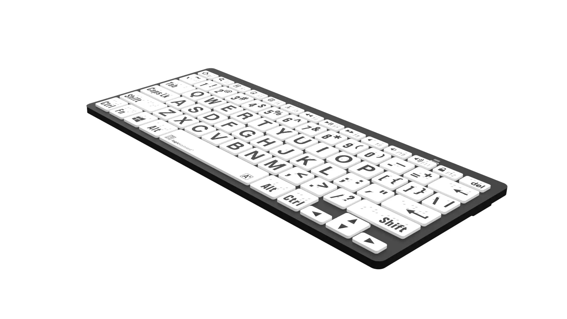 Image of the right side of the Braille & LargePrint Black on White Bluetooth Keyboard for PC from LogicKeyboard.