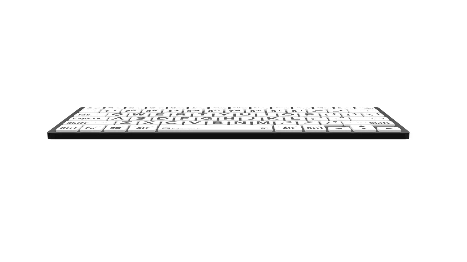 Image of the front edge of the Braille & LargePrint Black on White Bluetooth Keyboard for PC from LogicKeyboard.