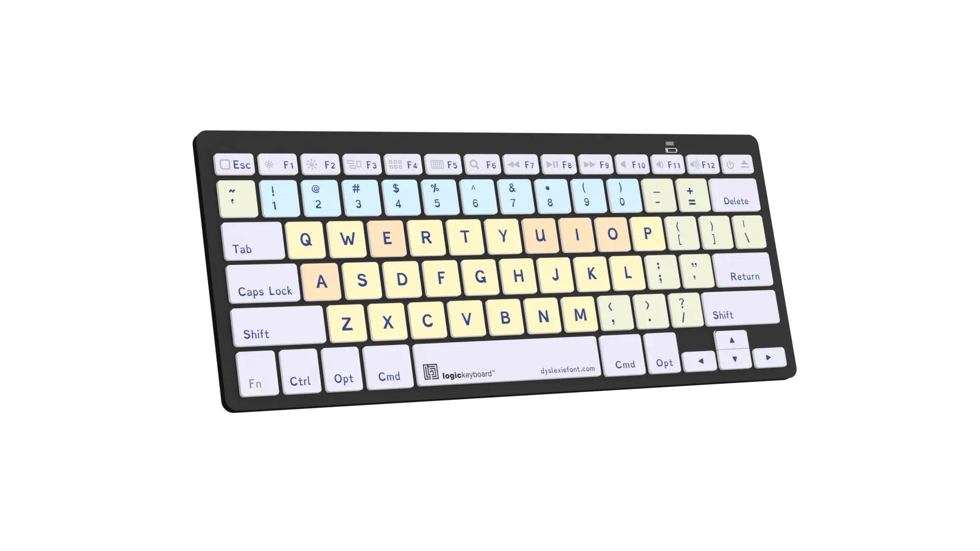 Left angle image of the Dyslexie Mini Bluetooth Keyboard LogicKeyboard dyslexia keyboard for Mac.