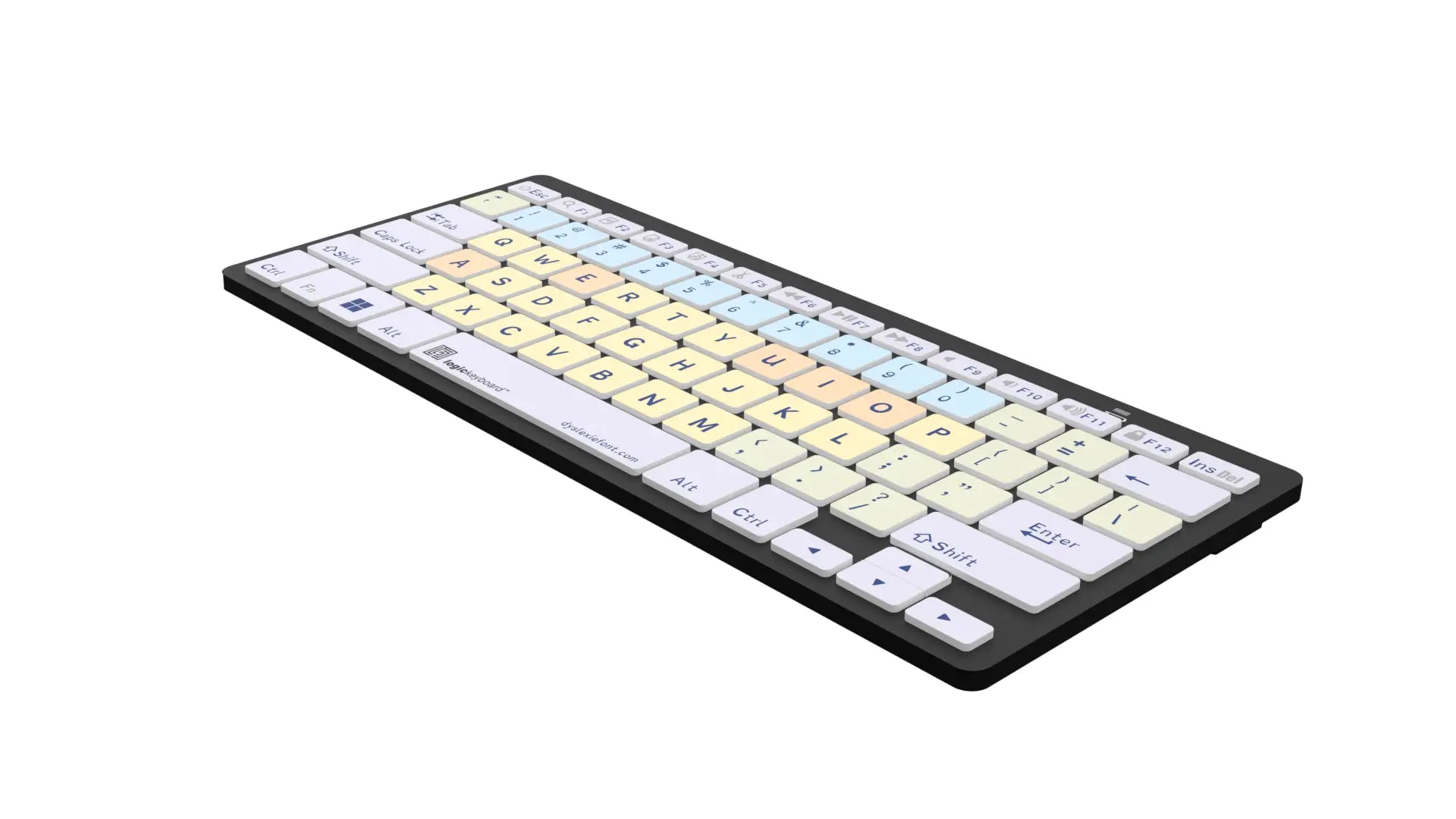 Right angle image of the Dyslexie Mini Bluetooth PC dyslexia Keyboard from LogicKeyboard.