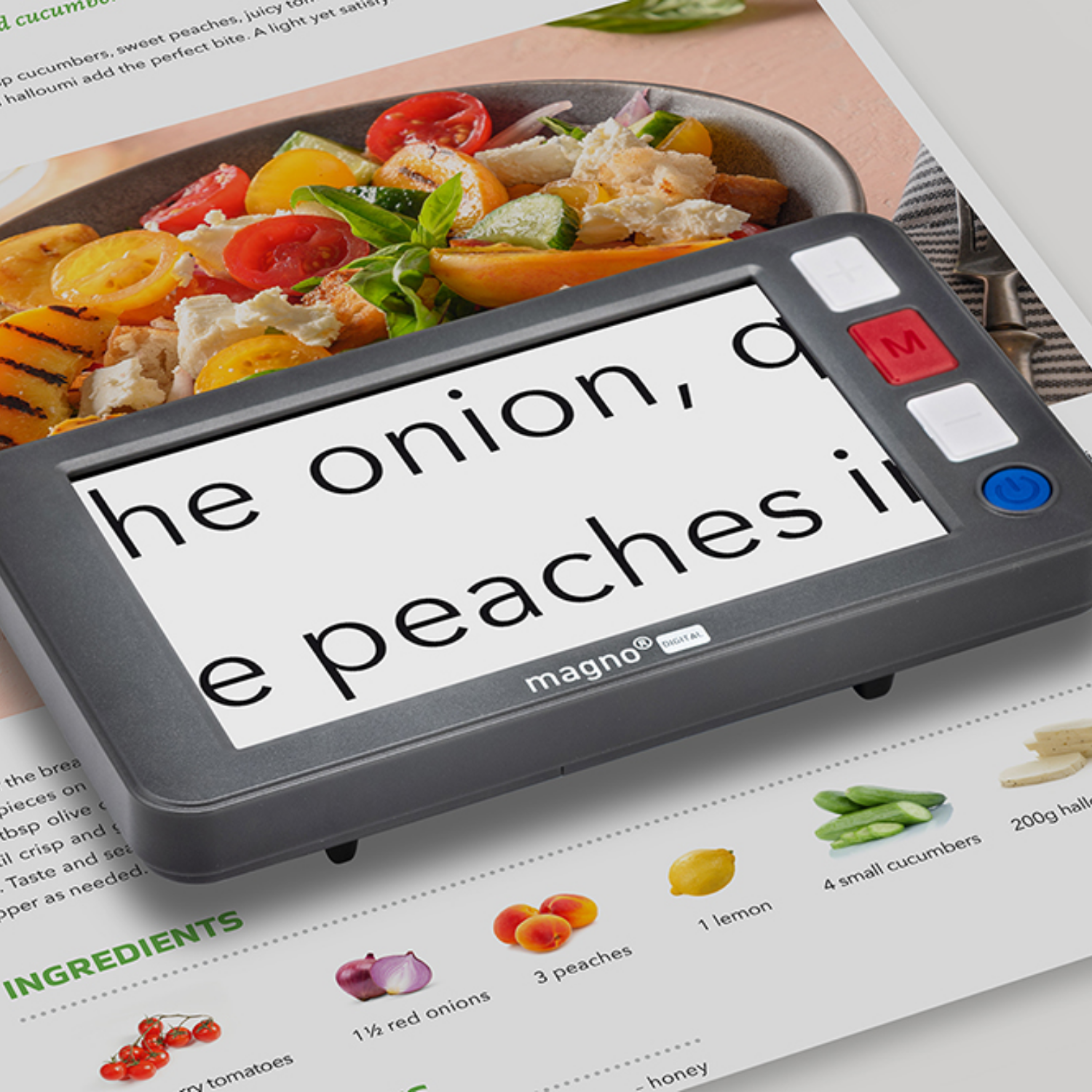 Magno Digital 5 in magnifier with magnified text on screen sitting on desk.