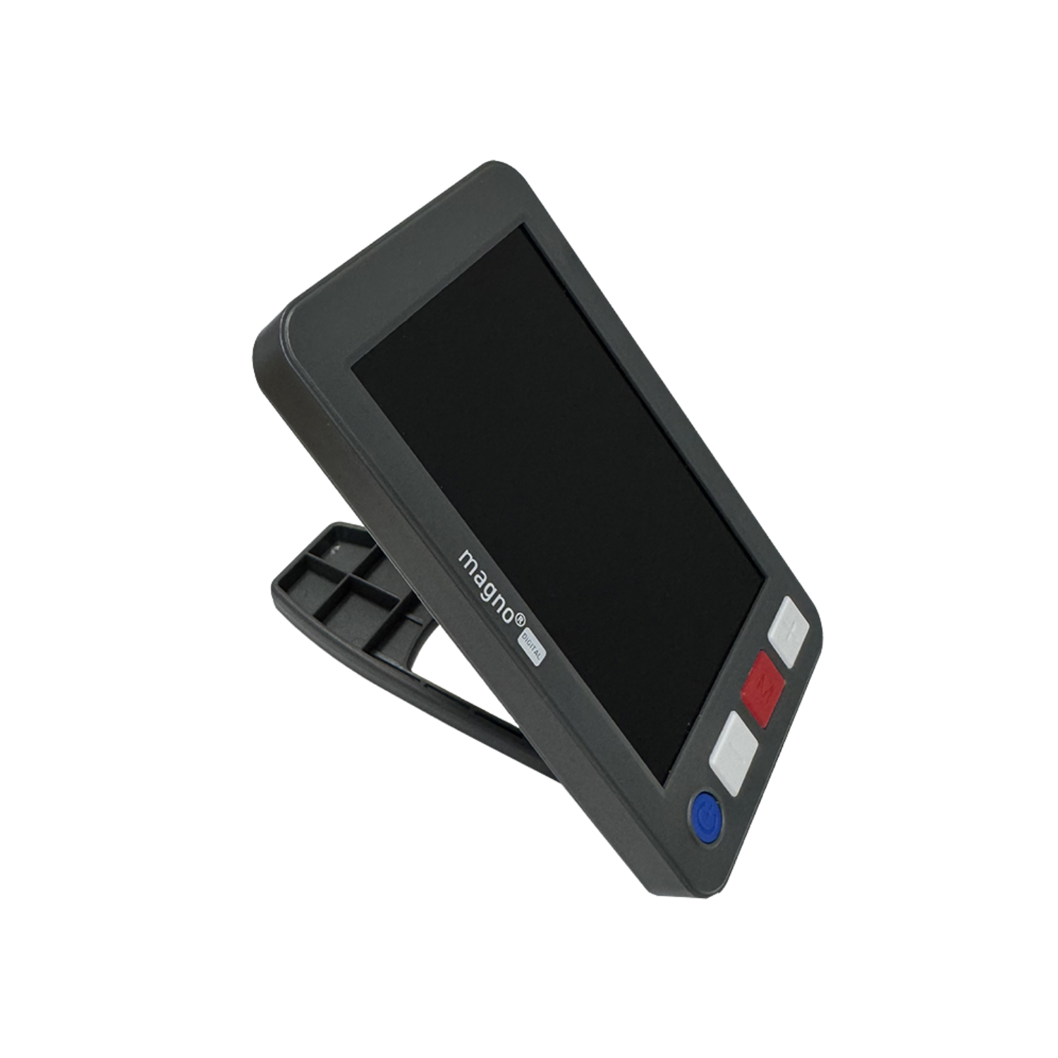 Side of portable video magnifier showing hands-free stand mode.