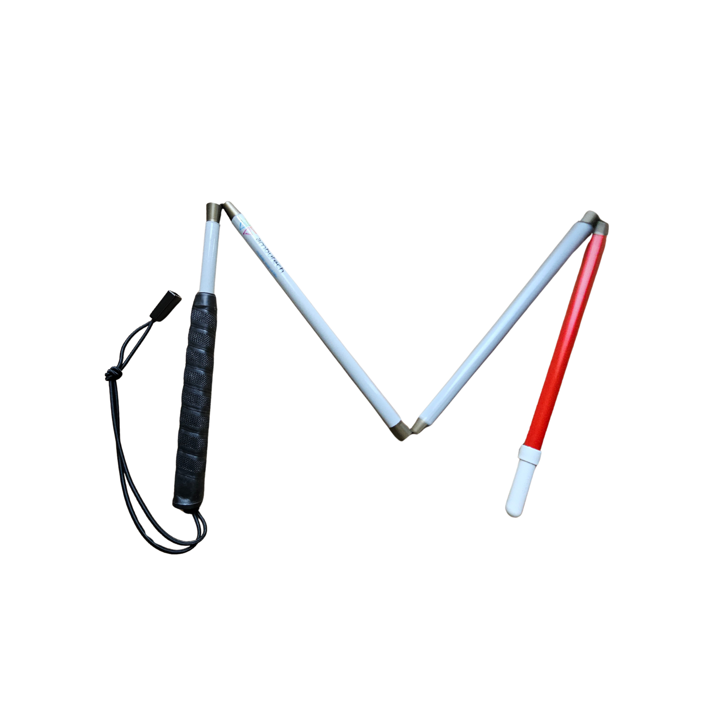 Graphite folding white cane with pencil tip.