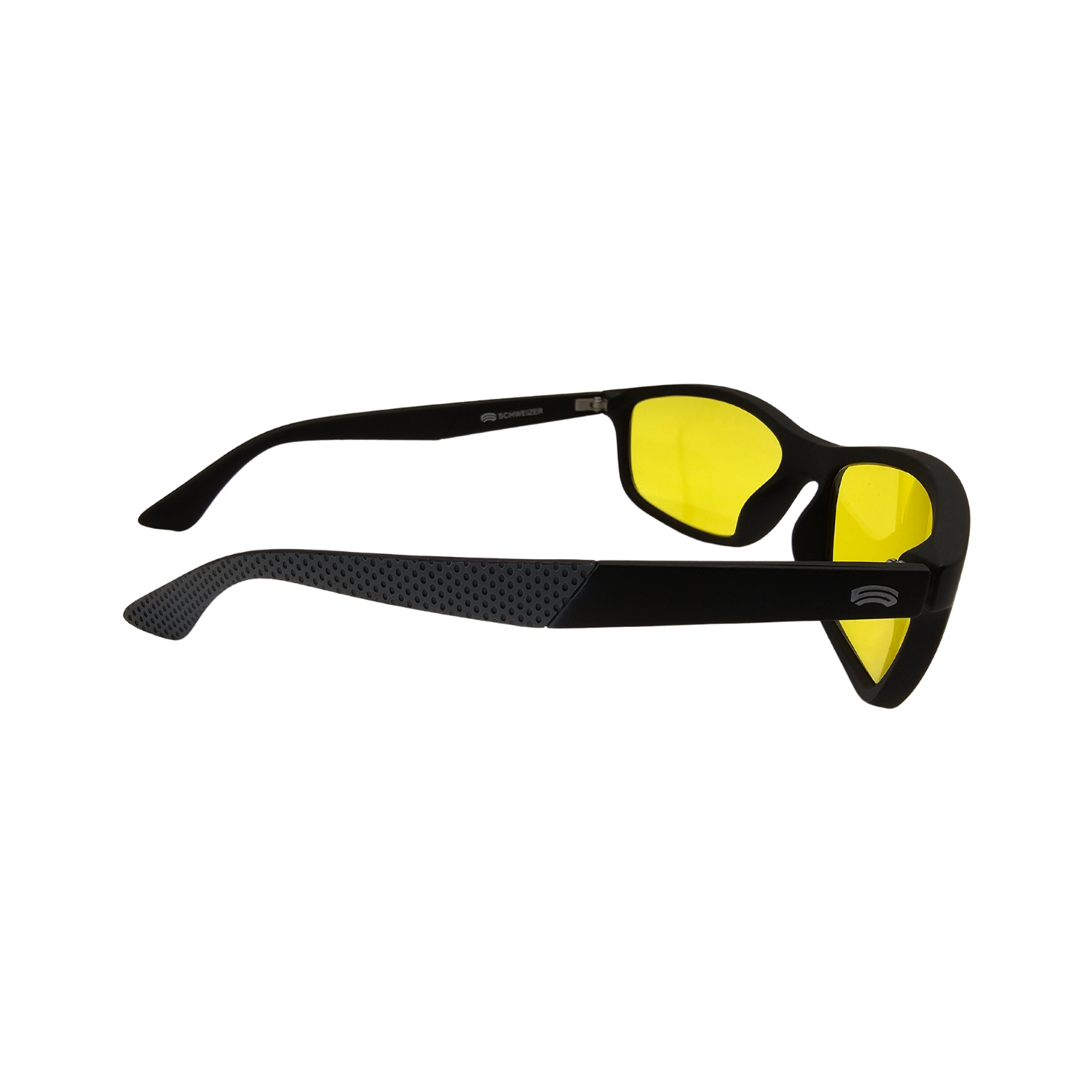 Right side of black frame medisum yellow tint glasses.