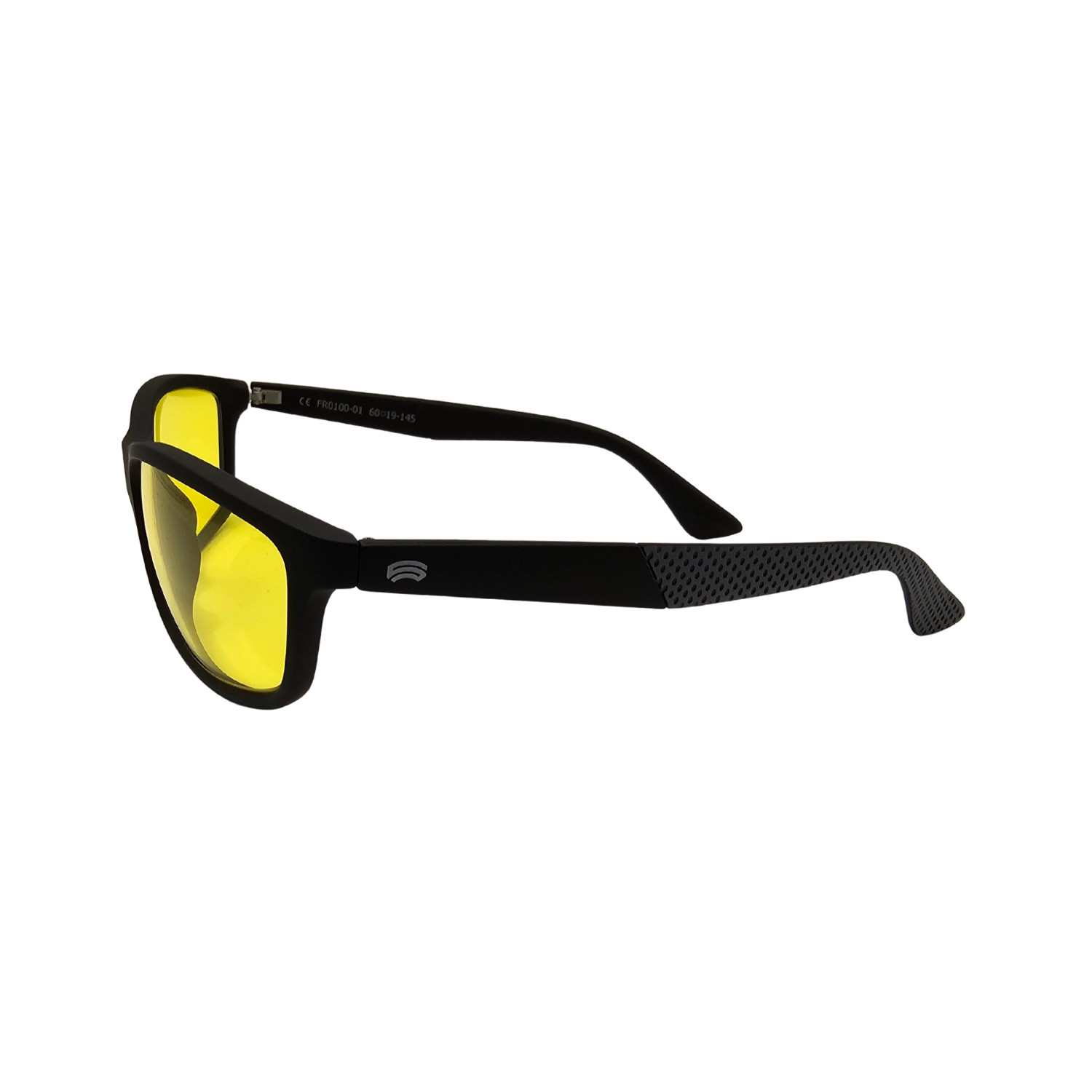 Black sunglasses with yellow lenses on a white background
