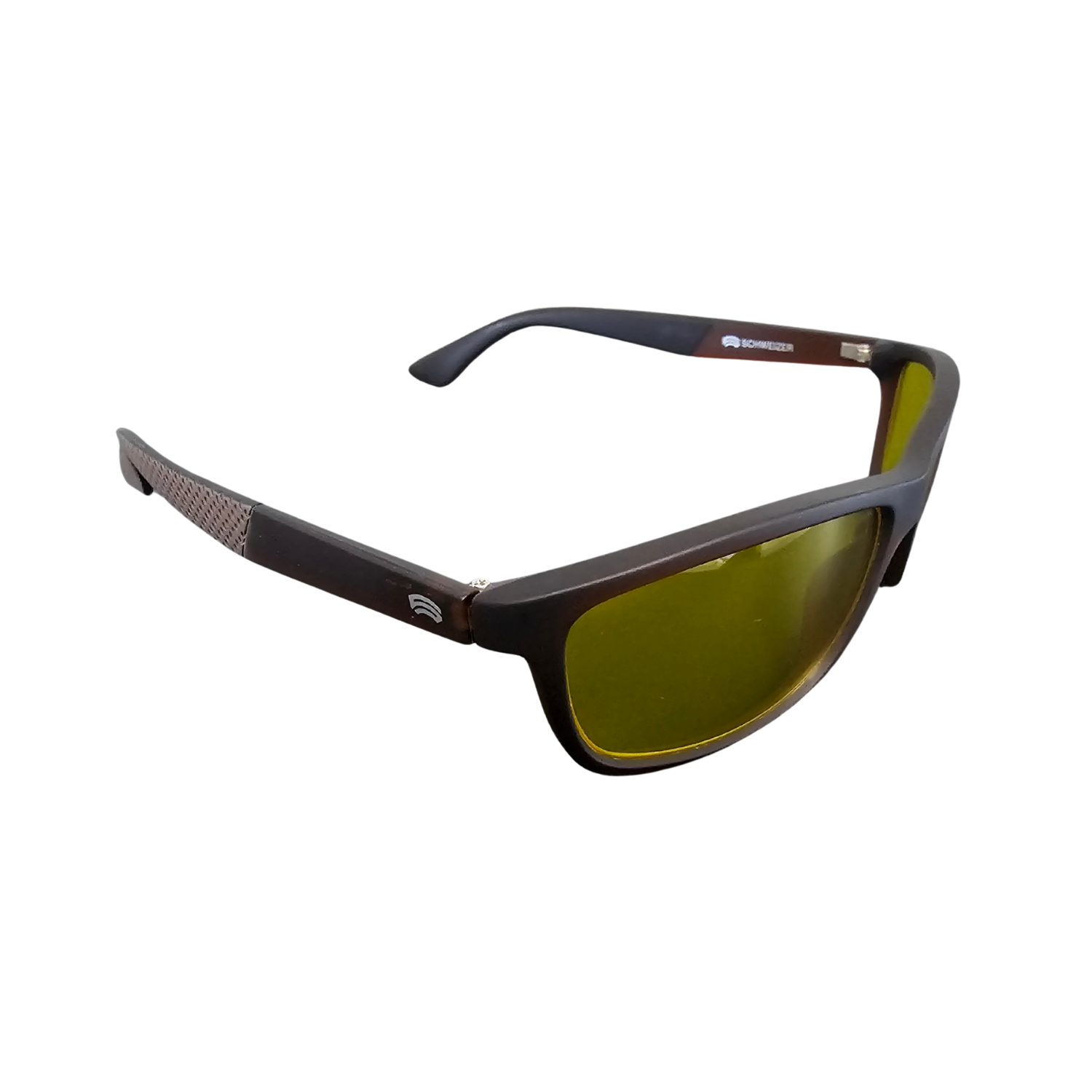 Right angle of brown FR1 blue light blocking glasses from Schweizer.