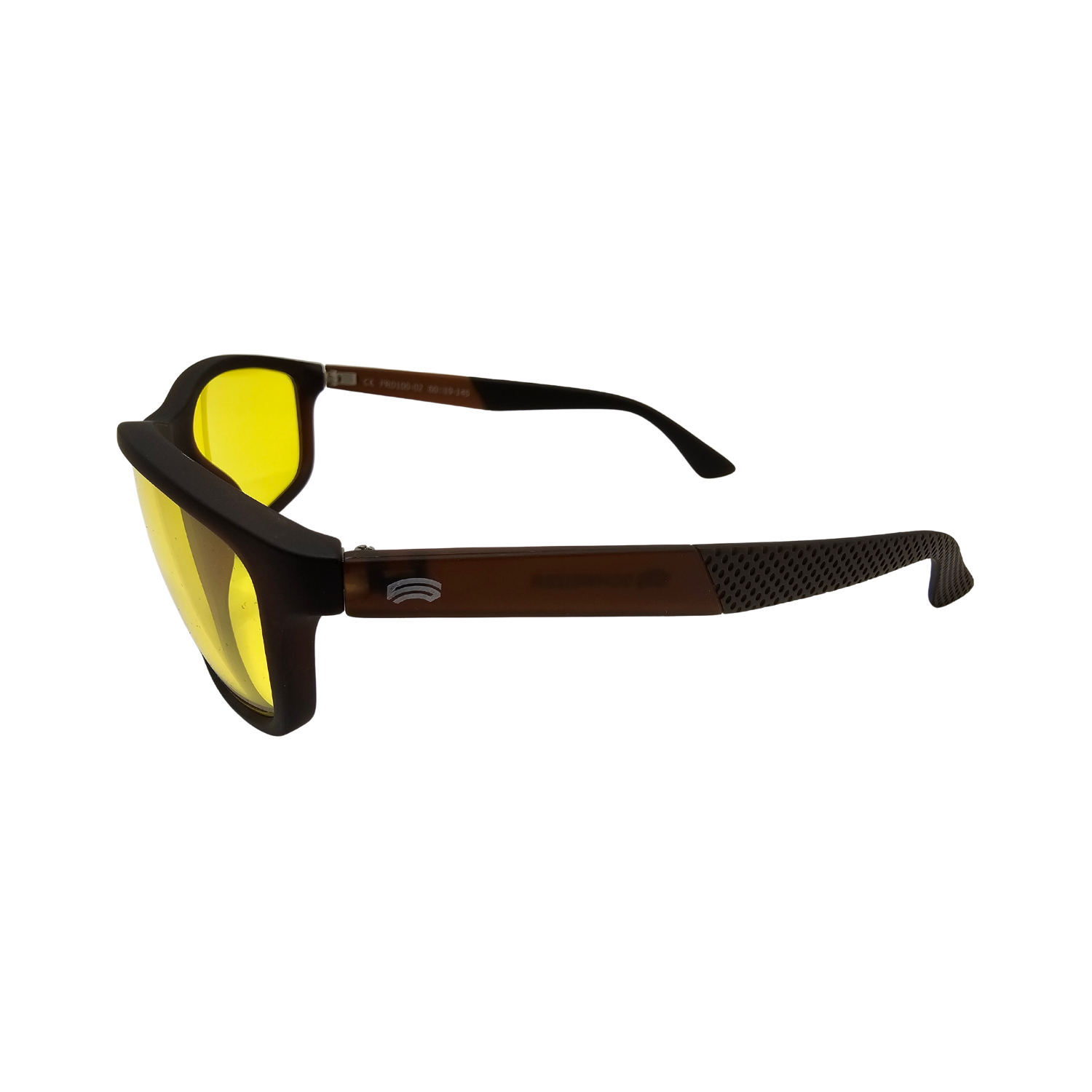Left side of Schweizer brown FR1 medium yellow tint. blue blocking glasses.